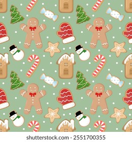 Festive seamless pattern featuring gingerbread cookies, snowmen, candy canes, and Christmas trees on a green background. Perfect for holiday crafts and wrapping paper.