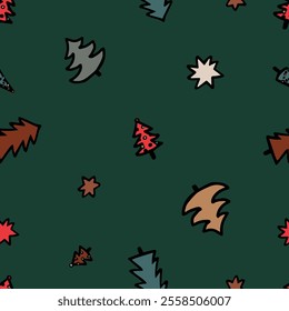 Festive Seamless Pattern Featuring Hand-Sketched Trees and Stars in Red, White, Beige, Green and Terracotta with Black Outlines