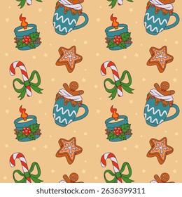 Padrão sem emenda festivo com canecas de cacau, biscoitos de gengibre, velas natalinas e bengalas doces em um fundo bege quente.