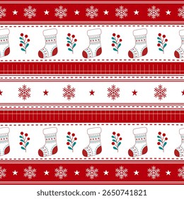 Festive seamless pattern featuring Nordic Christmas stockings, snowflakes, and traditional red borders. Perfect for holiday wrapping paper, fabric, and decorations.