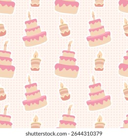 Festive seamless pattern featuring pink multi-tiered cakes with candles and polka dots on a light pink background