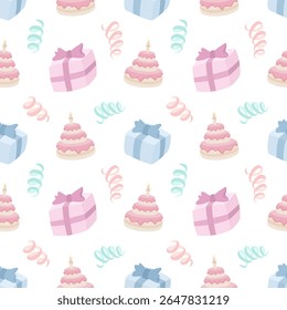 Festive seamless pattern featuring pink tiered cakes with candles, colorful gift boxes with bows, and swirling ribbons on a white background