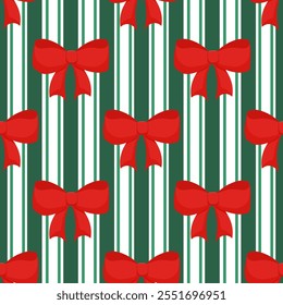 Festive seamless pattern featuring red bows on a striped green and white background. Ideal for Christmas crafts, gift wrap, and seasonal decorations.