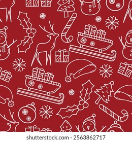 A festive seamless pattern featuring a red Christmas theme with hand-drawn doodle elements. Perfect for holiday designs, gift wrapping, and seasonal decorations.