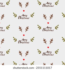 Festive seamless pattern featuring reindeer antlers, red noses, holly leaves, and "Merry Christmas" text on a white background.