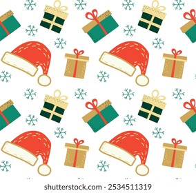 Festive seamless pattern featuring Santa hats, gift boxes with ribbons, and snowflakes. Ideal for Christmas wrapping paper, holiday decorations, and cheerful seasonal designs