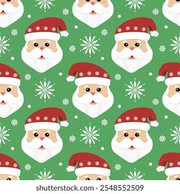 Festive seamless pattern featuring Santa Claus faces, snowflakes, and a green background. Perfect for Christmas-themed designs, gift wrapping, and holiday decor.