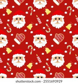 Festive seamless pattern featuring Santa Claus, candy canes, bells, and candles on a vibrant red background. Perfect for holiday designs, gift wraps, and decorations.