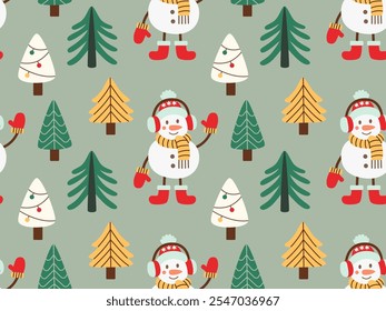 Festive seamless pattern featuring snowmen, Christmas trees, and decorated fir trees in vibrant colors. Perfect for holiday designs, gift wrapping, and seasonal decor in flat style.