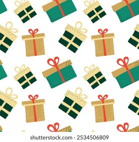 Festive seamless pattern featuring various wrapped gift boxes in green, gold, and red. Ideal for holiday designs, Christmas wrapping paper, and seasonal decorations with a playful, joyful vibe