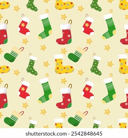 A festive seamless pattern featuring various Christmas stockings in red, green, and yellow, decorated with stars on a light background. Perfect for holiday wrapping paper and seasonal crafts.