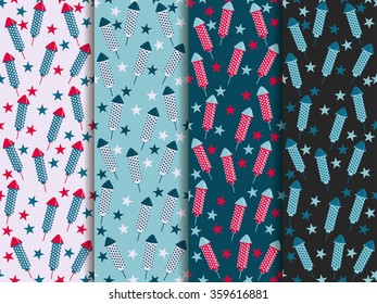 Festive seamless pattern. Firecrackers, rockets, fireworks. Set.