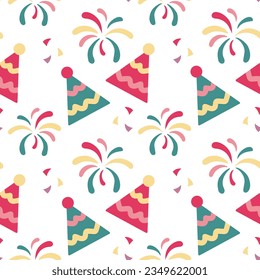 Festive seamless pattern, fireworks, party hats and confetti. Festive background, print, vector	
