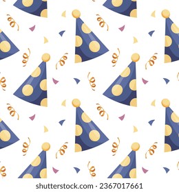 Festive seamless pattern, fireworks, party hats and confetti. Festive background, print, vector	
