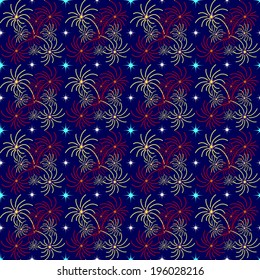 Festive seamless pattern with fireworks and stars
