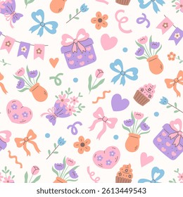 Festive Seamless Pattern with Flower Bouquet Gift Confetti. Hand drawn Pastel colored Party Birthday Anniversary Holiday Celebration Background. Repeat vector illustration