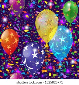 Festive seamless pattern with flying colorful translucent balloons and falling confetti. Vector image. Eps 10