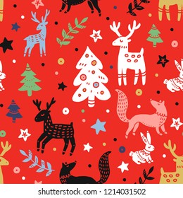 Festive seamless pattern. Forest animals celebrate Christmas. Night party. Great for greeting cards, wrapping paper and more.