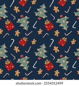 Festive seamless pattern with fun potted christmas tree, gift box, gingerbread cookies, sweets, snowflakes. Merry Christmas children design for wrapping, cloth, fabric