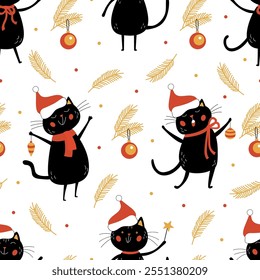 Festive seamless pattern with funny black cats holding Christmas ornaments, wearing santa hats and red scarfs. Perfect for holiday wrapping paper, party decor, textile. Yellow, red and black colors