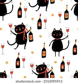 Festive seamless pattern with funny cats holding wine glasses and bottles of red wine. Perfect for holiday wrapping paper, party decor, textiles or gift designs. 