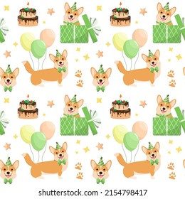 A festive seamless pattern with funny corgi dogs. Cartoon design.
