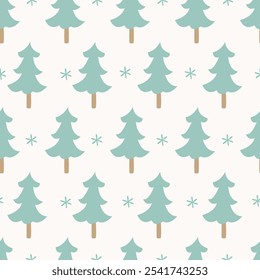 Festive seamless pattern with funny dog in Santa hat and Christmas trees, mint color. Perfect for holiday wrapping paper and textiles