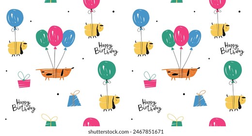 Festive seamless pattern: funny dogs flying on balloons, confetti and gifts. Vector hand drawn illustration.