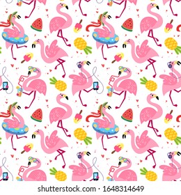 Festive seamless pattern with funny flamingos. Summer tropical vector texture on a white background. Background for a children's book, print, poster, stickers, fabric, wrapping paper.