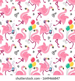 Festive seamless pattern with funny flamingos. Summer tropical vector texture on a white background. Background for a children's book, print, poster, stickers, fabric, wrapping paper.