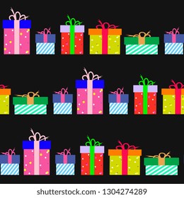 Festive seamless pattern and gift boxes  Colored boxes dark background for gift wrapping   web pages  printing products textile Birthday  holidays New Year  Christmas