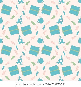 Festive seamless pattern with gift boxes and polka-dotted hats and blue mugs. Holiday repeat background, evoking a cheerful and playful party atmosphere. Vector hand drawn illustration.