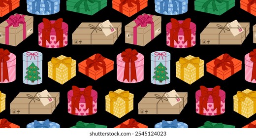 Festive seamless pattern with gift boxes decorated with ribbons and bows on a dark background. Boxes with bows and ribbons, perfect for Christmas, New Year, birthdays, and celebrations. 


