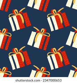 Patrón ininterrumpido festivo con regalos con arcos en rojo y azul sobre fondo azul oscuro en forma de cartón para impresión en textiles u objetos