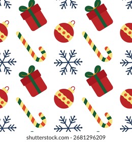 Patrón sin fisuras festivo con regalos, piruletas y copos de nieve sobre un fondo blanco. Ilustración vectorial en un estilo plano