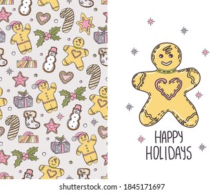 Festive seamless pattern with gingerbread . Christmas and New year. Christmas card with a gingerbread man. Vector.