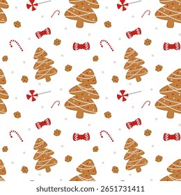 Festliches, nahtloses Muster mit Lebkuchen, Weihnachtsbaumkeksen, Zuckerstangen, Lutschbonbons und Süßigkeiten. Perfekt für die Urlaubsumhüllung oder Dekoration.

