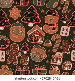 Festive seamless pattern with gingerbread cookies, Santa, snowman, gifts, candy canes, and Christmas trees. Perfect for fabrics, wrapping and crafts.