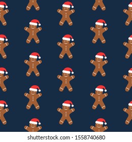 Festive seamless pattern, gingerbread man in santa claus hat on a blue background. Vector illustration.