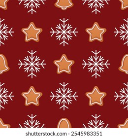 Festive seamless pattern of gingerbread monuments and snowflakes on a red background