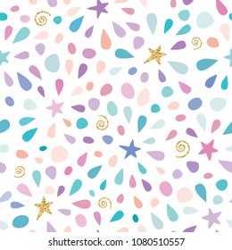 Festive seamless pattern with glitter confetti, stars and splashes. For birthday celebration. Vector