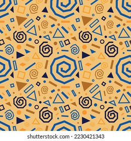 Festive seamless pattern with gold and blue doodles, swirls, stars, geometric elements.. Christmas background for wrapping paper, surface textures, scrapbook