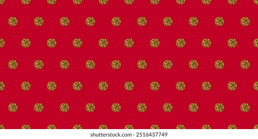 Festive seamless pattern with gold glitter dots on  red background, perfect for Christmas and New Year designs. Winter cozy backdrop. Gift wrapping paper, party invitations. Holiday postcards.