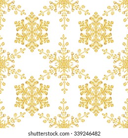 Festive seamless pattern with gold-colored snowflakes on white background. Vector illustration