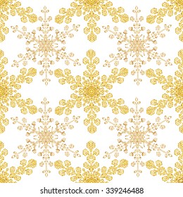 Festive seamless pattern with gold-colored snowflakes on white background. Vector illustration