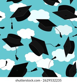 Festive seamless pattern with graduate hats in the air. Flying graduation caps background for graduation announcements, invitations, celebration designs. Vector illustration