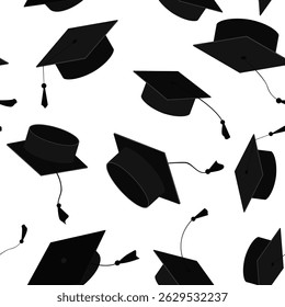 Festive seamless pattern with graduate hats in the air. Flying graduation caps background for graduation announcements, invitations, celebration designs. Vector illustration.
