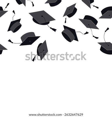 Festive seamless pattern with graduate hats in the air. Flying graduation caps background for graduation announcements, invitations, celebration designs. Vector illustration.