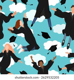 Festive seamless pattern with graduate students and graduation hats in the air. Happy flying graduates background. Vector illustration.