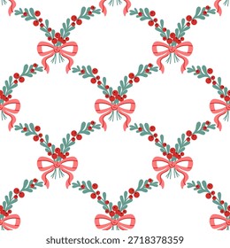 Patrón festivo sin fisuras con ramas verdes, bayas rojas y hermosos arcos para Navidades y otras fiestas. La Plantilla de Vector es perfecta para saludos de vacaciones.